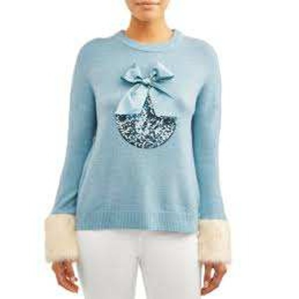 Womens Large Holiday Sweater Blue Sequin Ornament Faux Fur Cuff Christmas Bow